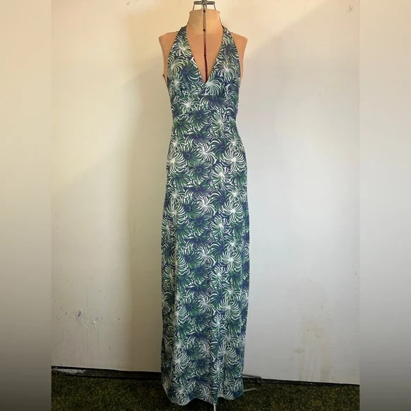 Vintage 1970s Halter Maxi Dress Blue Green White Size XS - Picture 2 of 12